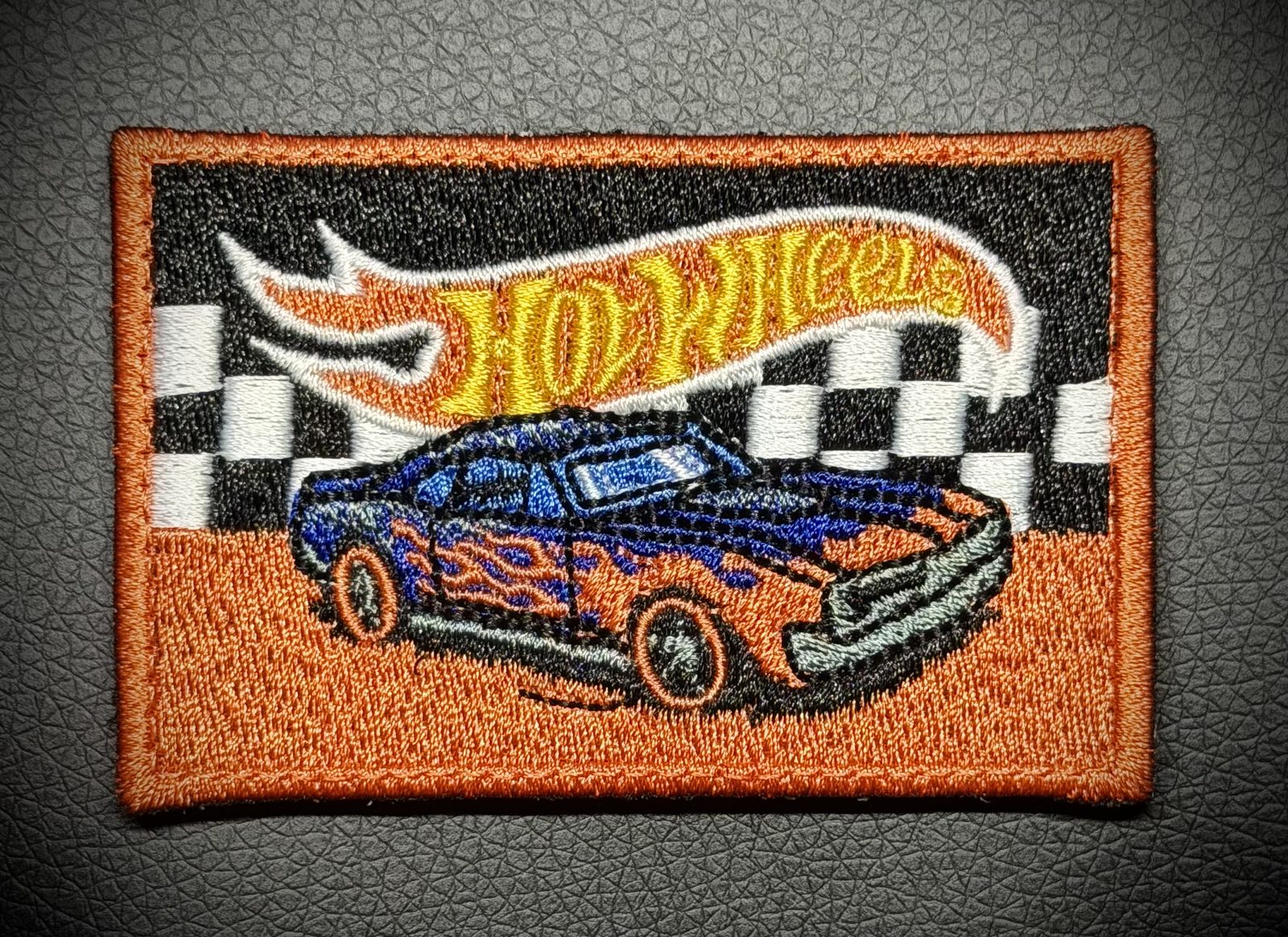 Hot Wheels style muscle car embroidered patch with flame logo