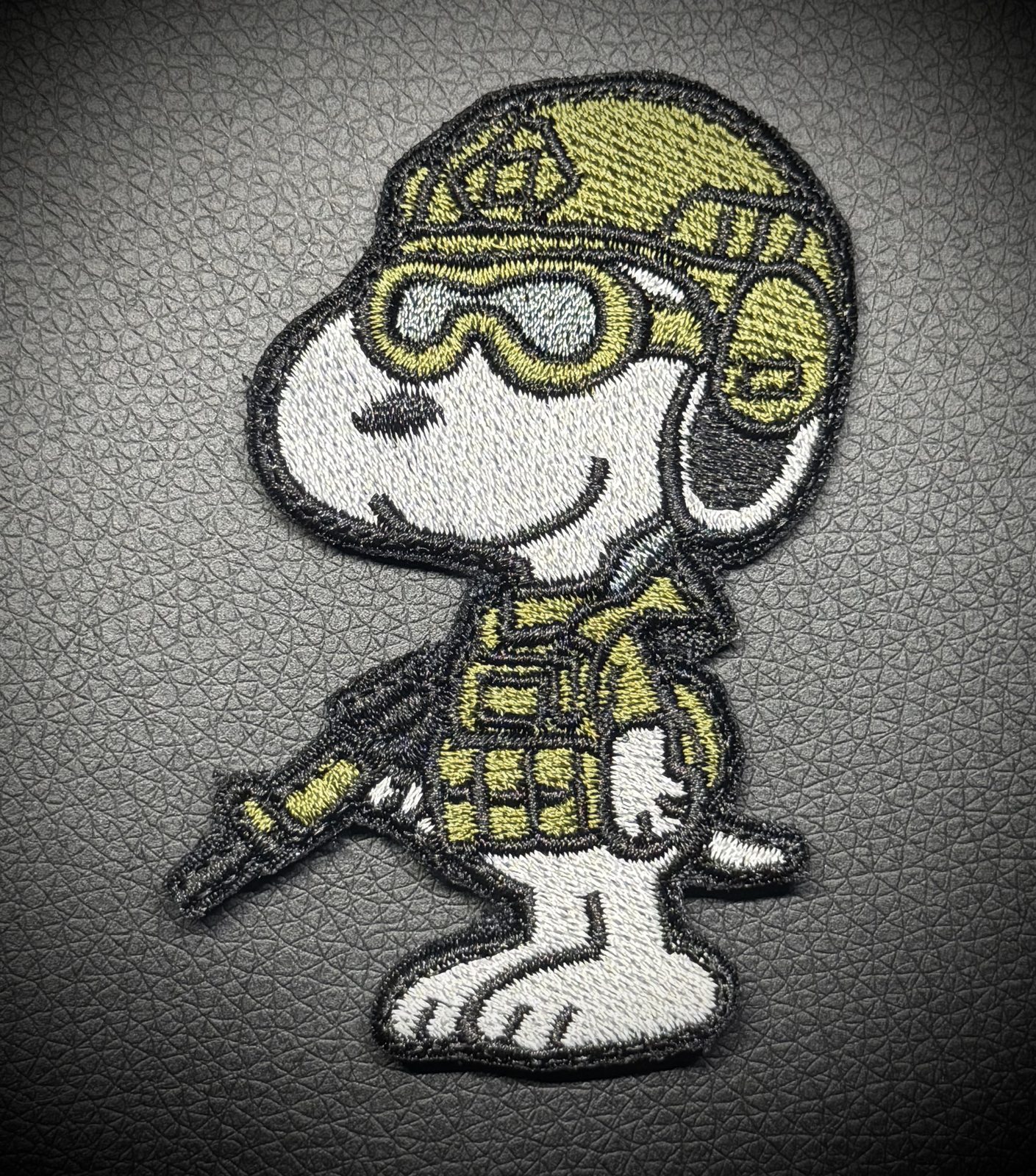 Tactical beagle character morale patch with helmet plate carrier and rifle