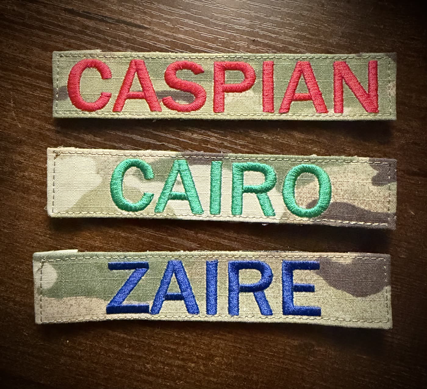 Custom OCP name tapes embroidered Caspian Cairo Zaire